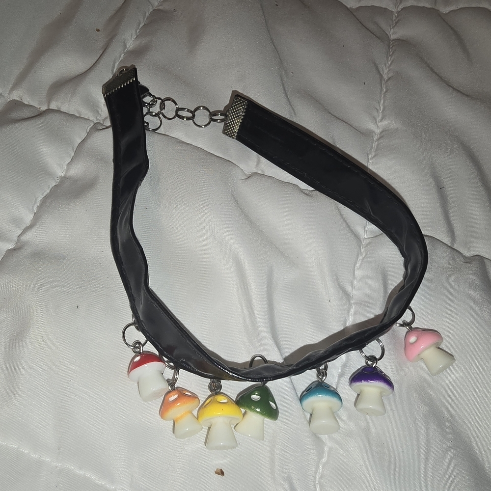 Rainbow Mushroom Leather Choker Necklace